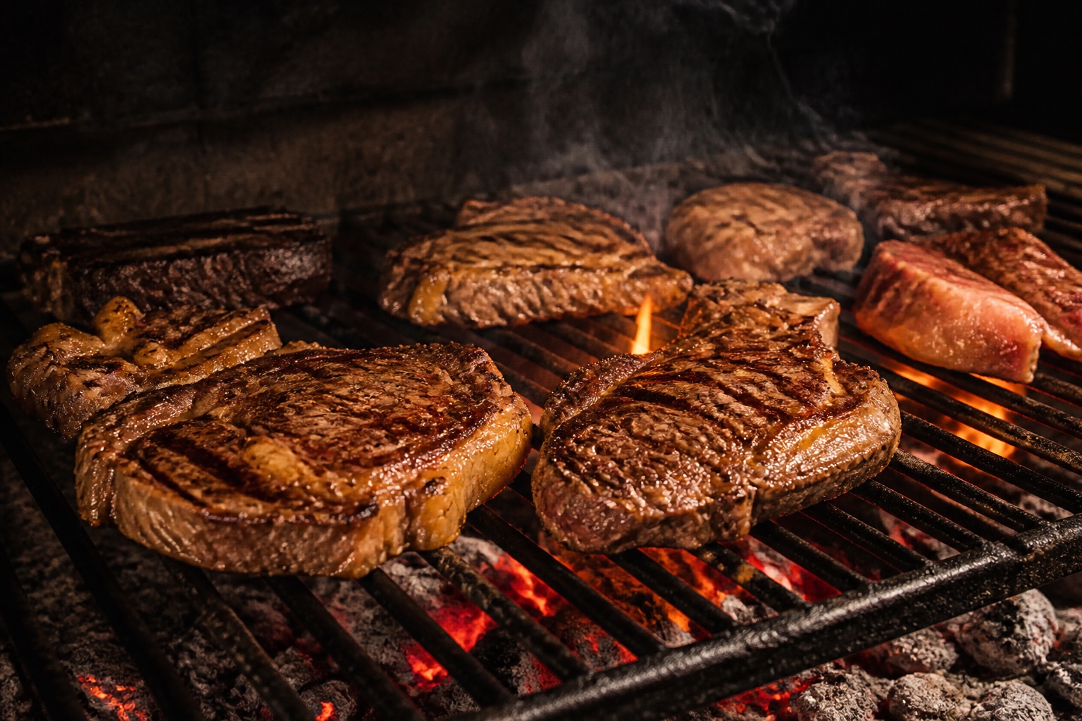 Carne dorándose sobre una parrilla de hierro con brasas y fuego
